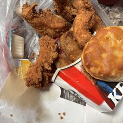 KFC - Wet chicken tenders, biscuit and wedge potatoes!