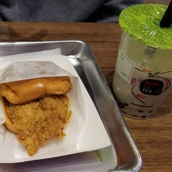 TKK fried chicken - Chicken Sandwich with Med Milk Tea (add 50 cents for boba) - Chicken Shop Near Me - Richardson, Texas TKK fried chicken - Chicken Sandwich with Med Milk Tea (add 50 cents for boba) - Chicken Shop Near Me - Richardson, Texas