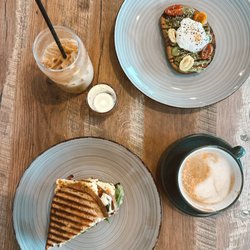 Issa Vibe Cafe - Avocado toast, smokey bacon panini and orange blossom latte.