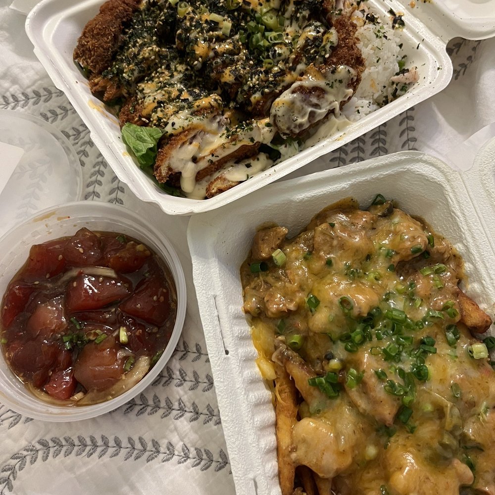 Fresh Catch - Ahi Katsu, pastele fries, and spicy shoyu poke. - Hawaiian Near Me - Honolulu, Hawaii Fresh Catch - Ahi Katsu, pastele fries, and spicy shoyu poke. - Hawaiian Near Me - Honolulu, Hawaii