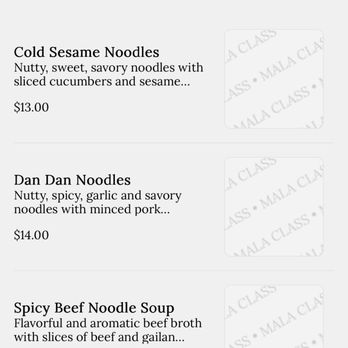 Mala Class - Noodle menu as of April 2025 - Szechuan Near Me - Los Angeles, California