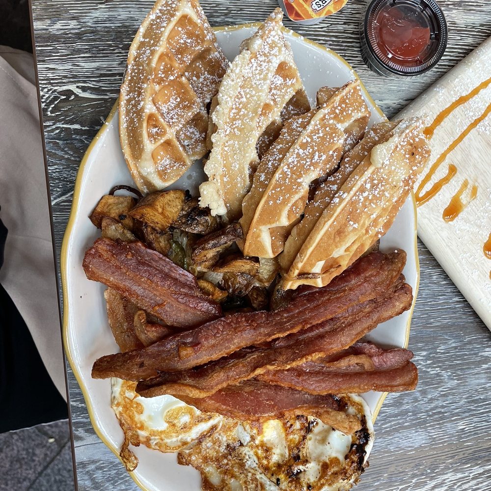 Mack's - Patty platter with Belgium waffle eggs, double bacon and home fries - Breakfast & Brunch Near Me - Babylon, New York Mack's - Patty platter with Belgium waffle eggs, double bacon and home fries - Breakfast & Brunch Near Me - Babylon, New York