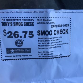 Tony's Smog Check - No where on here does it say a diesel sedan will cost $70. Bait and switch. Lots of other smog shops in town!!! - Smog Check Stations Near Me - Whittier, California Tony's Smog Check - No where on here does it say a diesel sedan will cost $70. Bait and switch. Lots of other smog shops in town!!! - Smog Check Stations Near Me - Whittier, California