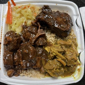 Sweet Spice - Oxtail, jerk chicken, and curry goat with cabbage and carrots, and brown rice. - Caribbean Near Me - Savannah, Georgia