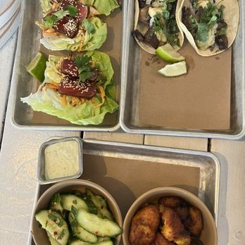 Bartaco - Orlando - Cucumber salad, plantains, tuna tacos and mushroom tacos. - Tacos Near Me - Orlando, Florida Bartaco - Orlando - Cucumber salad, plantains, tuna tacos and mushroom tacos. - Tacos Near Me - Orlando, Florida