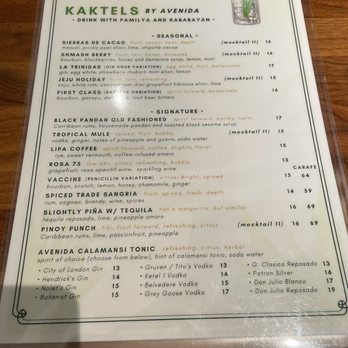 Avenida Restaurant - Drink Menu - Filipino Near Me - San Mateo, California