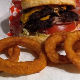 Double cheeseburger but the most amazing onion rings rock Double cheeseburger but the most amazing onion rings rock