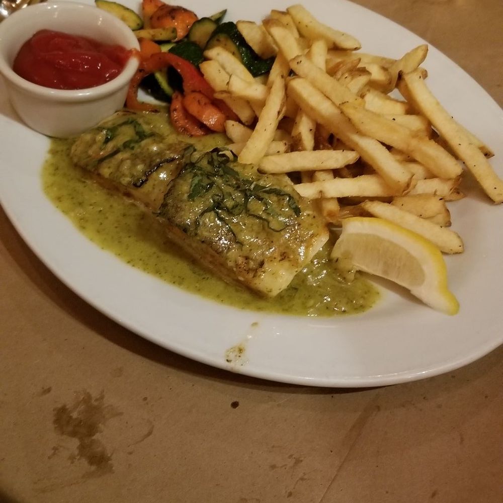 Eureka Sea Grill - Halibut special with pesto- handout French fries - Seafood Near Me - Eureka, California Eureka Sea Grill - Halibut special with pesto- handout French fries - Seafood Near Me - Eureka, California