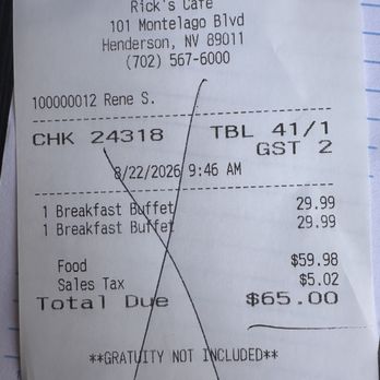 Rick's Cafe - $30 pp for a less than mediocre breakfast. We basically paid $60 to have cold cereal or oatmeal - Comfort Food Near Me - Henderson, Nevada Rick's Cafe - $30 pp for a less than mediocre breakfast. We basically paid $60 to have cold cereal or oatmeal - Comfort Food Near Me - Henderson, Nevada