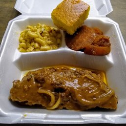 Meatloaf, with mac & cheese, yams, and cornbread. Meatloaf, with mac & cheese, yams, and cornbread.