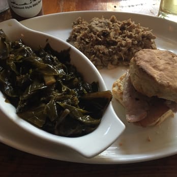 The Whiskey Jar - Pulled pork with a ham biscuit and collard greens - Southern Near Me - Charlottesville, Virginia The Whiskey Jar - Pulled pork with a ham biscuit and collard greens - Southern Near Me - Charlottesville, Virginia