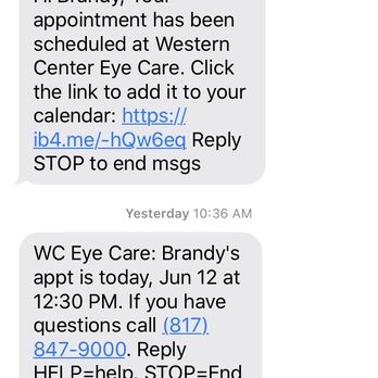 Western Center Eye Care - Reminder TWO hours before my appointment that they then cancelled No option to confirm or cancel - Optometrists Near Me - Fort Worth, Texas Western Center Eye Care - Reminder TWO hours before my appointment that they then cancelled No option to confirm or cancel - Optometrists Near Me - Fort Worth, Texas