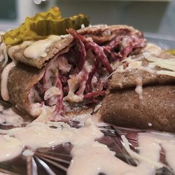 Ma’s Crepes And Cakes - Pulled Corn Beef Rueben
Rye Crepe, pulled corn beef, with sauerkraut, Swiss cheese, homemade thousand island dressing and a side of pickles