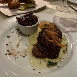 Foie Gras - served with thin orange peel and fig compote.   Excellent!