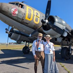 American Air Power Museum - In front of the C-47 paratrooper plane after a ride around the coast of Maine.