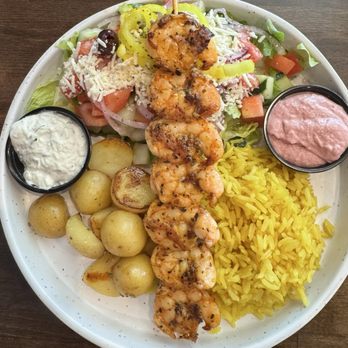 Platia Greek Goodness - Shrimp skewer platter - Greek Near Me - Mount Pleasant, South Carolina Platia Greek Goodness - Shrimp skewer platter - Greek Near Me - Mount Pleasant, South Carolina