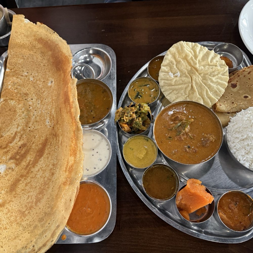 Anjappar Chettinad Indian Restaurant - *Anjappar Goat Thali (right), **Masala Dosa (left) - Indian Near Me - Tustin, California