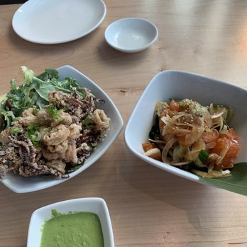Momiji SLU - Crispy Calamari + Salmon Poke Saad - Sushi Bars Near Me - Seattle, Washington