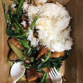 The Noodle Thai Restaurant - $10.55 Ka Na Moo Korb (Crispy pork and Chinese broccoli).  -pork is super crunchy  -garlic is pungent  -pairs great with white rice - Noodles Near Me - Berkeley, California