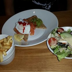 Beefeater - Salmon, avocado and egg on toast with salad and side of fries.