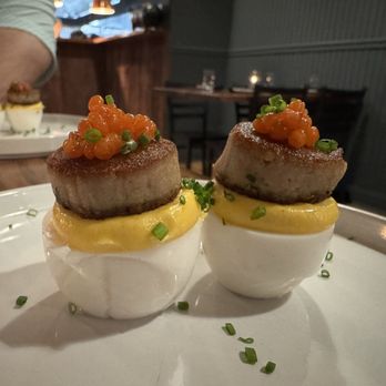 Vernafern - Duck Dinner (special) - Deviled duck eggs, scrapple, and Tabasco "pearls" - Desserts Near Me - Doylestown, Pennsylvania Vernafern - Duck Dinner (special) - Deviled duck eggs, scrapple, and Tabasco "pearls" - Desserts Near Me - Doylestown, Pennsylvania