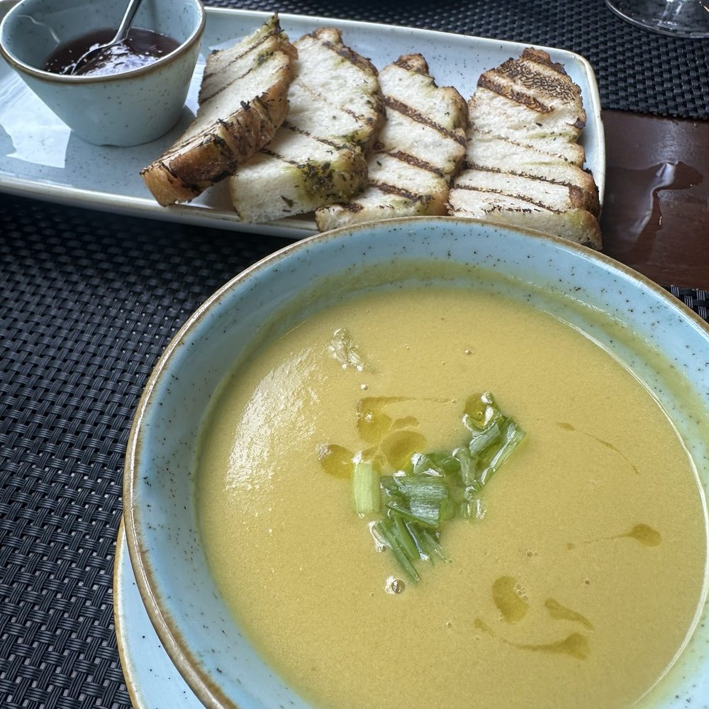 Equinox on 19th - Focaccia with strawberry jam and corn and coconut soup - New American Near Me - Washington, DC, District of Columbia Equinox on 19th - Focaccia with strawberry jam and corn and coconut soup - New American Near Me - Washington, DC, District of Columbia