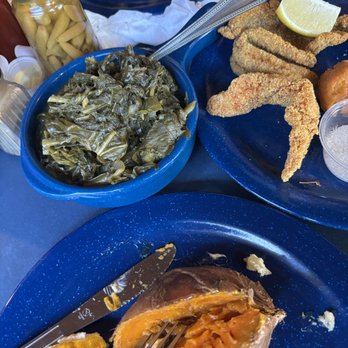 Aunt Jenny's Catfish Restaurant - Fried fish with turnip greens, bakes sweet potatoe and hushpuppies - Seafood Near Me - Ocean Springs, Mississippi Aunt Jenny's Catfish Restaurant - Fried fish with turnip greens, bakes sweet potatoe and hushpuppies - Seafood Near Me - Ocean Springs, Mississippi