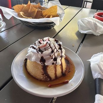 Burrito Factory & Cantina - Flan Dessert - eating on the outdoor seating area - Mexican Near Me - Gainesville, Florida