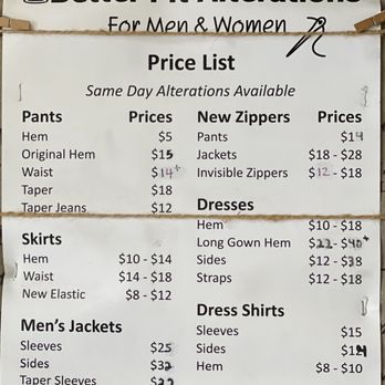 Better Fit Alterations - Price List (from sign at the door) as of 8/25/2021 Call to verify - Sewing & Alterations Near Me - Irvine, California