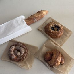 Chai Spiral, prosciutto Parmesan fig croissant, fresh blueberry pastry and baguette.