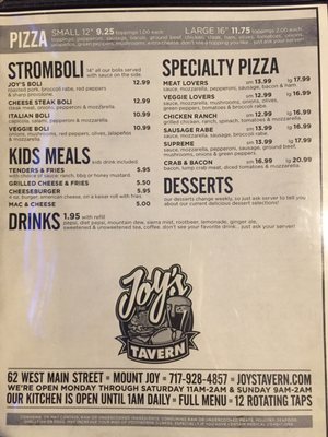 Menu photo 1 Joy's Tavern Mount Joy, PA
