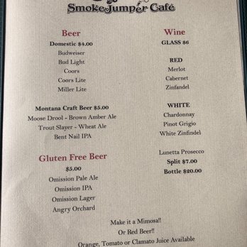 SmokeJumper Cafe - Adult Beverages - Gluten-Free Near Me - West Yellowstone, Montana SmokeJumper Cafe - Adult Beverages - Gluten-Free Near Me - West Yellowstone, Montana