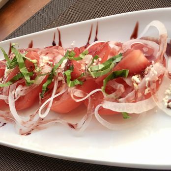 Manta - Tomatoes with pickled stawberry and balsamic glaze. - Hawaiian Near Me - Kamuela, Hawaii Manta - Tomatoes with pickled stawberry and balsamic glaze. - Hawaiian Near Me - Kamuela, Hawaii
