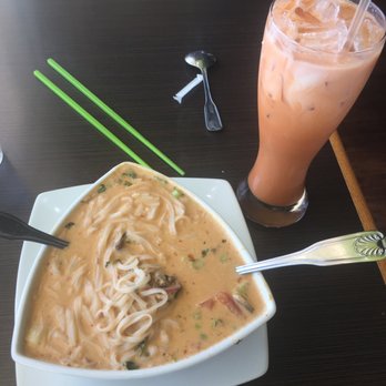 Noodle Wave - Tom Kha Soup with added rice noodles and a Thai Tea - Thai Near Me - Frisco, Texas