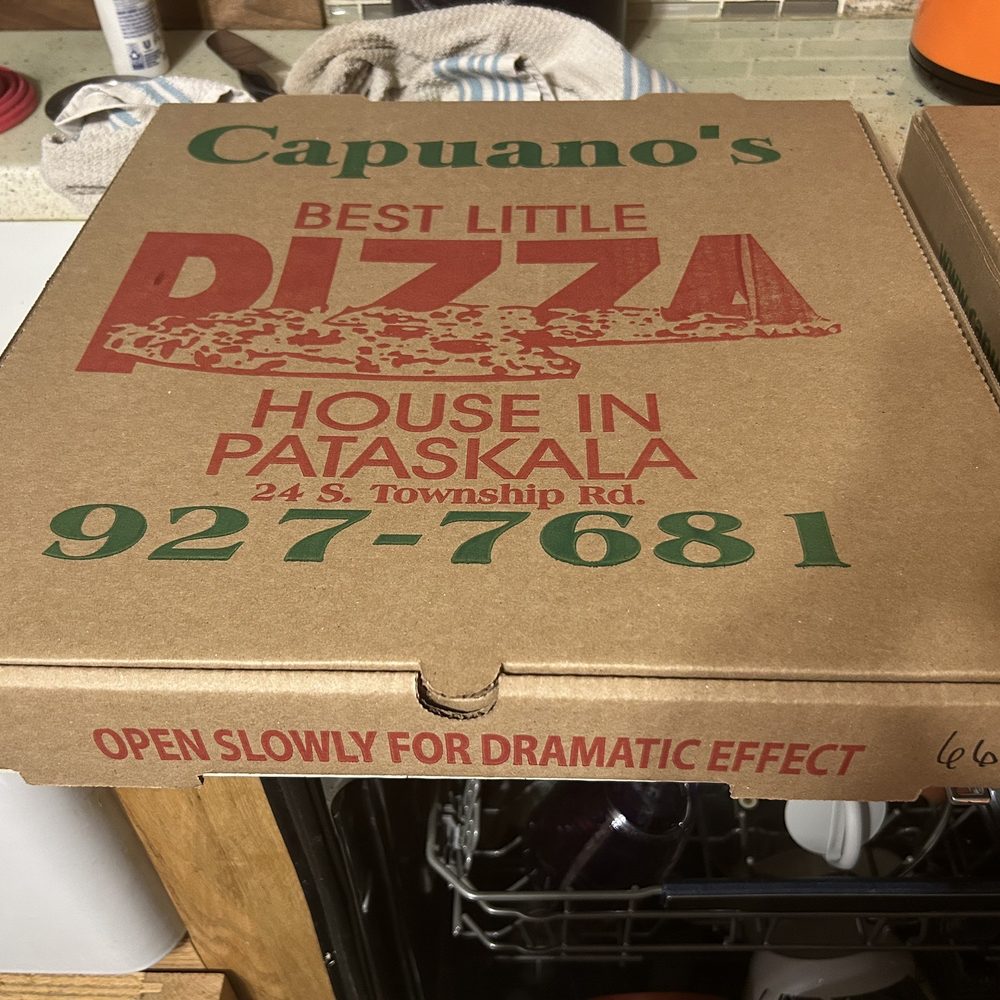 Capuano's Pizza House - Pizza box, cool text on the edge! - Pizza Near Me - Pataskala, Ohio