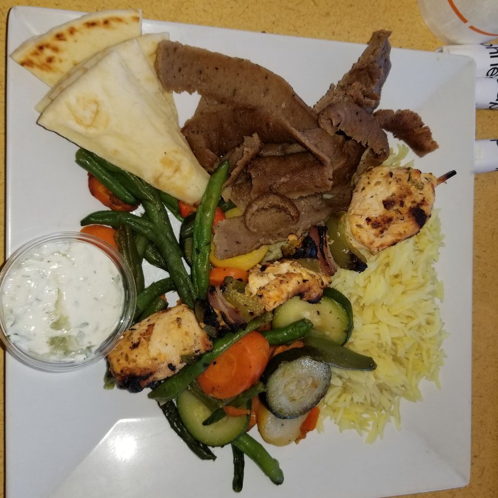 Daphne's - Mix and match: chicken kabob and gyro with rice and roasted veggies. - Greek Near Me - Redondo Beach, California Daphne's - Mix and match: chicken kabob and gyro with rice and roasted veggies. - Greek Near Me - Redondo Beach, California