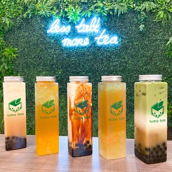Boba Box - Left to Right: Rose Milk Tea with Boba, Honey Yuzu Green Tea with Heart Jelly, Brown Sugar Milk Box with Boba, Uji Green Milk Tea with Boba - Coffee & Tea Near Me - Monrovia, California Boba Box - Left to Right: Rose Milk Tea with Boba, Honey Yuzu Green Tea with Heart Jelly, Brown Sugar Milk Box with Boba, Uji Green Milk Tea with Boba - Coffee & Tea Near Me - Monrovia, California