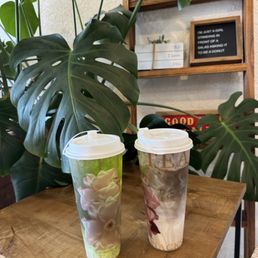 Honeydew green tea and Hojicha latte with black sesame foam Honeydew green tea and Hojicha latte with black sesame foam