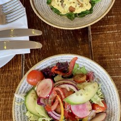 Wildwood Kitchen - Mixed salad (£4.95) foreground, salmon fish cake (£7.65) at rear.