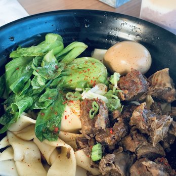 Noodleosophy - Beef stew sauce biang biang noodles, medium spicy, with tea egg ("spiced egg") - Noodles Near Me - Millbrae, California