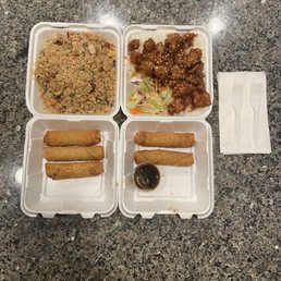 Chicken Fried Rice (left) General Tso 's Chicken (right) our portions of Egg Roll Chicken Fried Rice (left) General Tso 's Chicken (right) our portions of Egg Roll