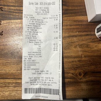 Taco Bell - $43 bucks for Taco Bell??? Not only did the receipt show the wrong cashiers name, but the smug cashier named Valery gave me Isabella's name. - Fast Food Near Me - Jackson, California Taco Bell - $43 bucks for Taco Bell??? Not only did the receipt show the wrong cashiers name, but the smug cashier named Valery gave me Isabella's name. - Fast Food Near Me - Jackson, California