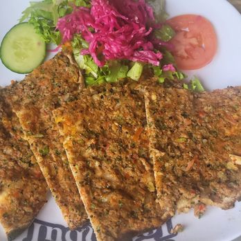 Istanbul Grill - Lahmacun (ground Lamb & chopped vegetables) thin-crust dough - interesting dish...very good - Turkish Near Me - Houston, Texas