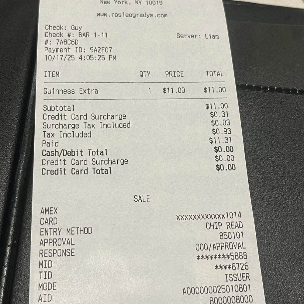 Rosie O'Grady's - Receipt - Irish Near Me - New York, New York