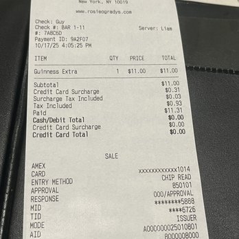 Rosie O'Grady's - Receipt - Irish Near Me - New York, New York Rosie O'Grady's - Receipt - Irish Near Me - New York, New York