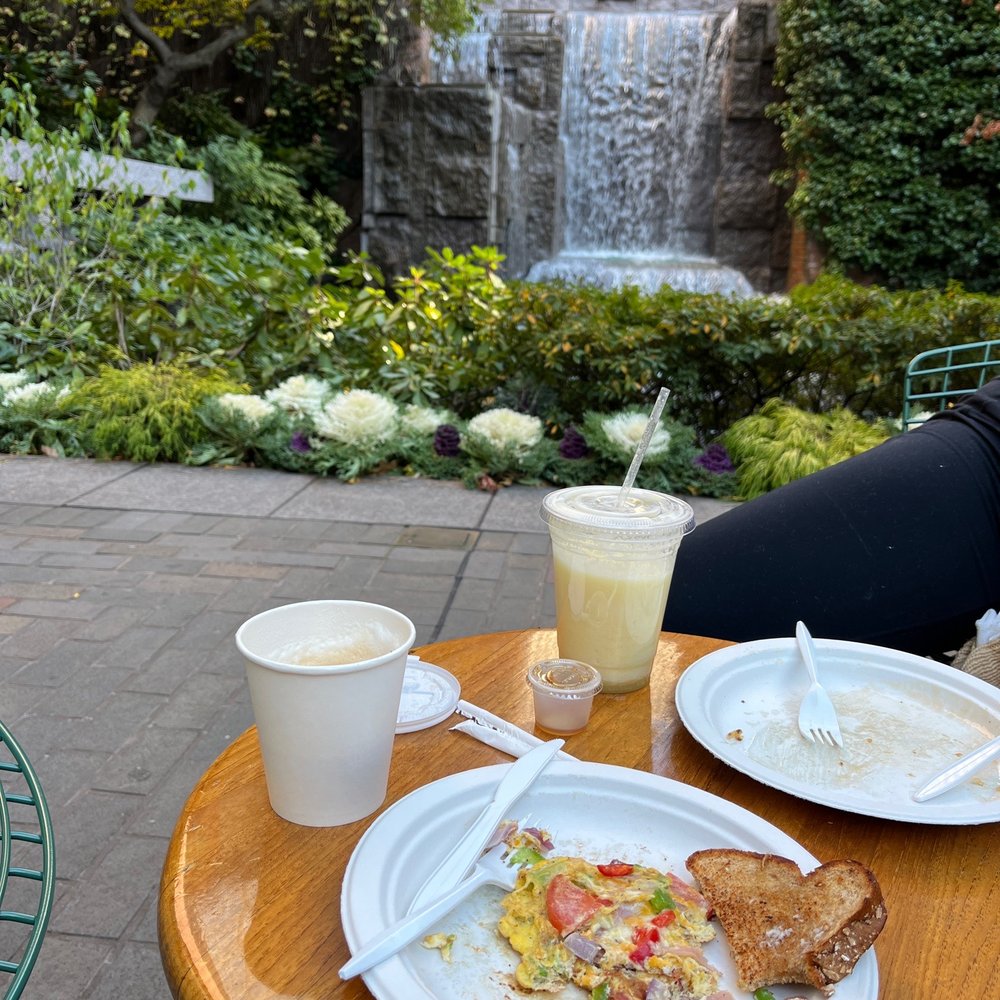 a plate of food on a table with a waterfall in the background
