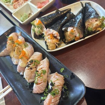 Fuji Sushi - salmon belly nigiri and shrimp tempura hand roll - Sushi Bars Near Me - Elk Grove, California Fuji Sushi - salmon belly nigiri and shrimp tempura hand roll - Sushi Bars Near Me - Elk Grove, California