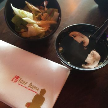 Little Buddha - Starters are a fresh mini sald and clear broth soup. Deliscious way to start your meal. - Sushi Bars Near Me - West Nyack, New York