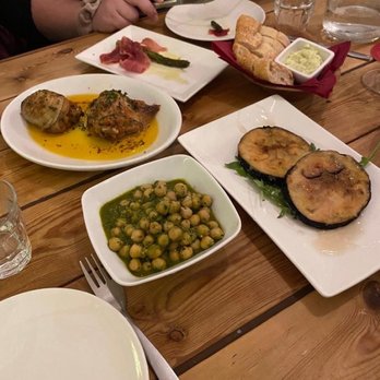 Tapas Café Duende - Bread with aioli, fried eggplant with honey, chickpeas and spinach, garlic chicken, asparagus with bacon - Spanish Near Me - Amsterdam, New Hampshire Tapas Café Duende - Bread with aioli, fried eggplant with honey, chickpeas and spinach, garlic chicken, asparagus with bacon - Spanish Near Me - Amsterdam, New Hampshire