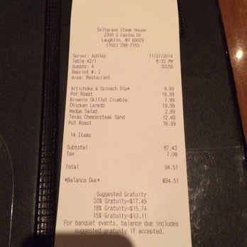 Saltgrass Steak House - Check for four people. I think the price isn't too bad. - Steakhouses Near Me - Laughlin, Nevada